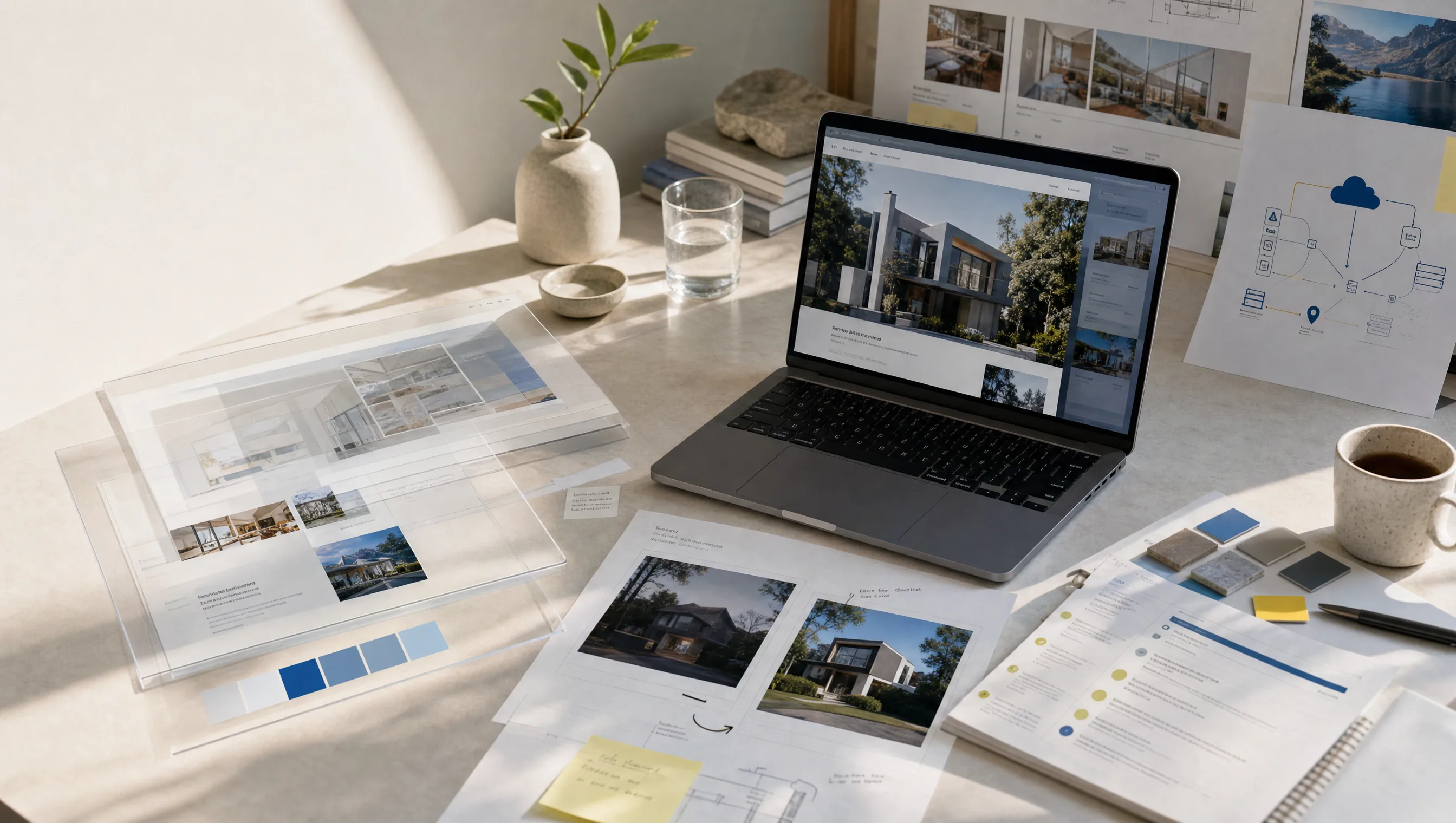 A bright proof desk with website preview frames, audit sheets, local business visuals, and a laptop preview.